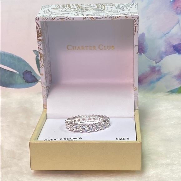 NWT CHARTER CLUB ANNIVERSARY RING IN FINE SILVER W/CUBIC ZIRCONIA STONES- 6 or 8 - Picture 3 of 12